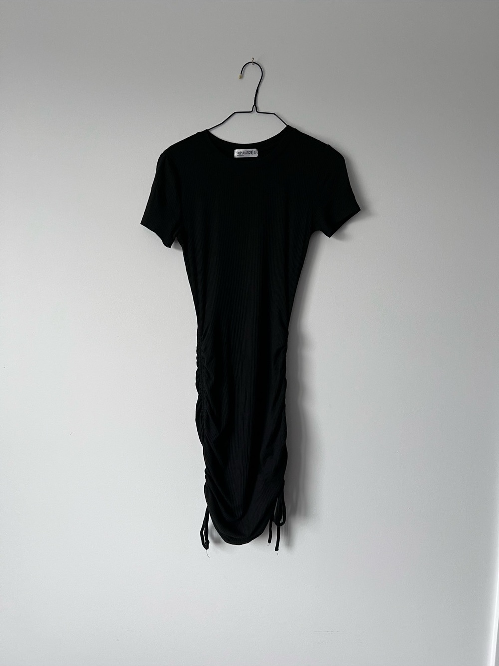 Black Ruched Short Sleeve Midi Dress with Side Ties